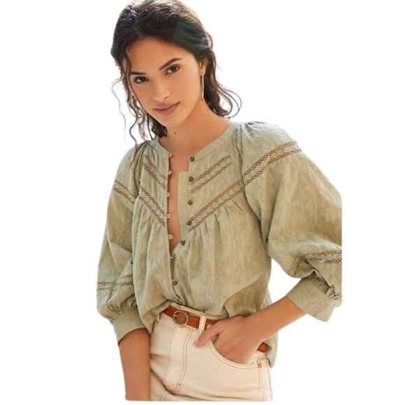Anthropologie Tops - Anthropologie Top Blouse Women's S Harmony Sage Lace Peasant Cottage Feminine